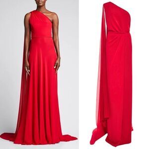 Naeem Khan Red 100% Silk Draped One-Shoulder Braided Waist‎ Chiffon Gown Size 4